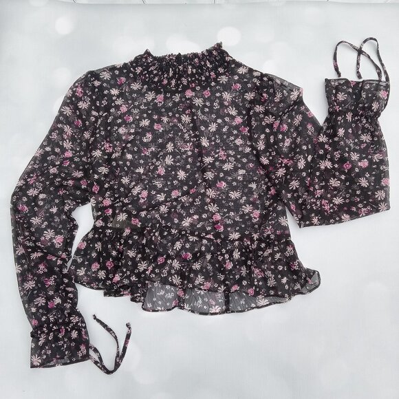 BCBGeneration Sheer Floral Print Chiffon‎ Smocked Top In Black Size XS - Picture 1 of 8